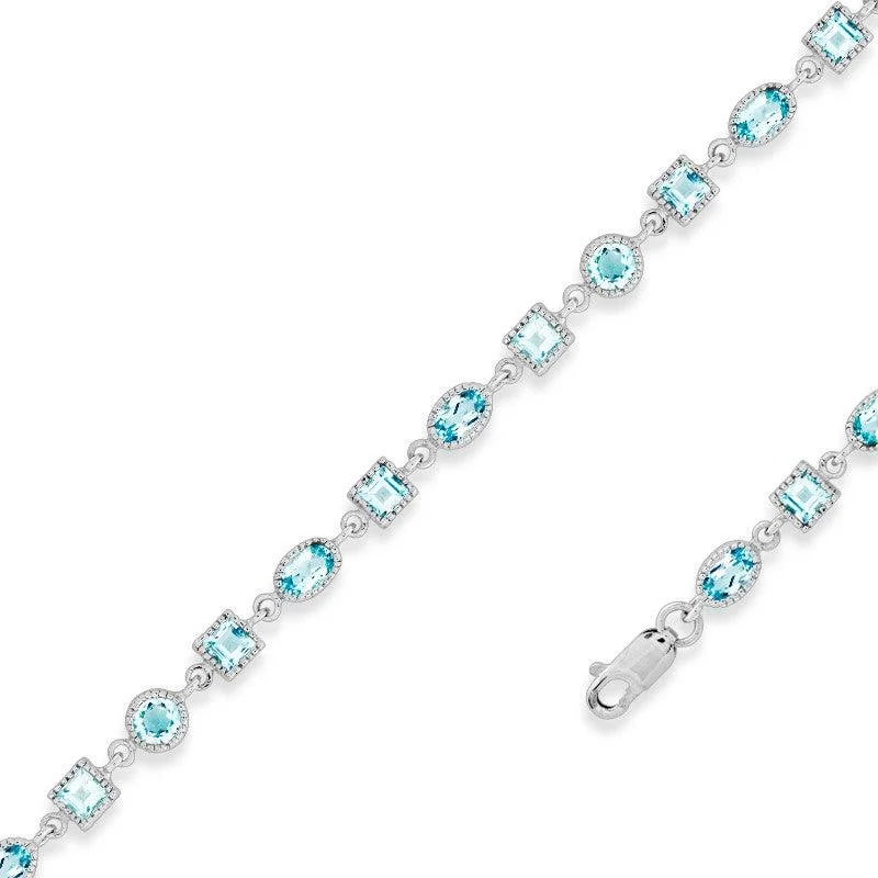 Ladies Bracelets with Bronze Enstatite-Sterling Silver Oval and Square Blue Topaz Gem Bracelet, 7.5"