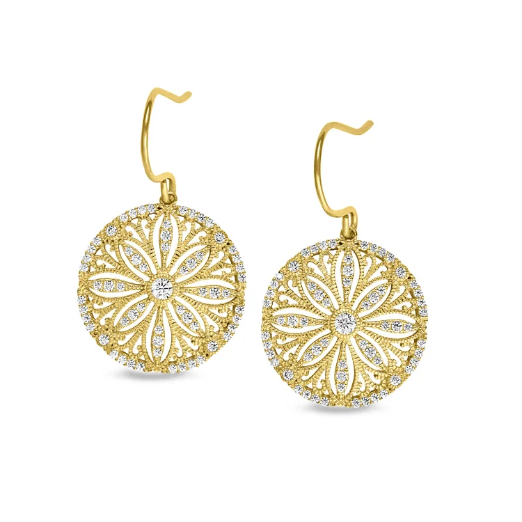 Dog Earrings -Gold Finish Sterling Silver Micropave Vintage Sand Dollar Earrings with Simulated Diamonds