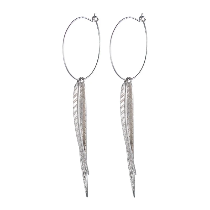 Engraved Earrings -Sterling Silver Extra Long Leaf Hoop Earrings