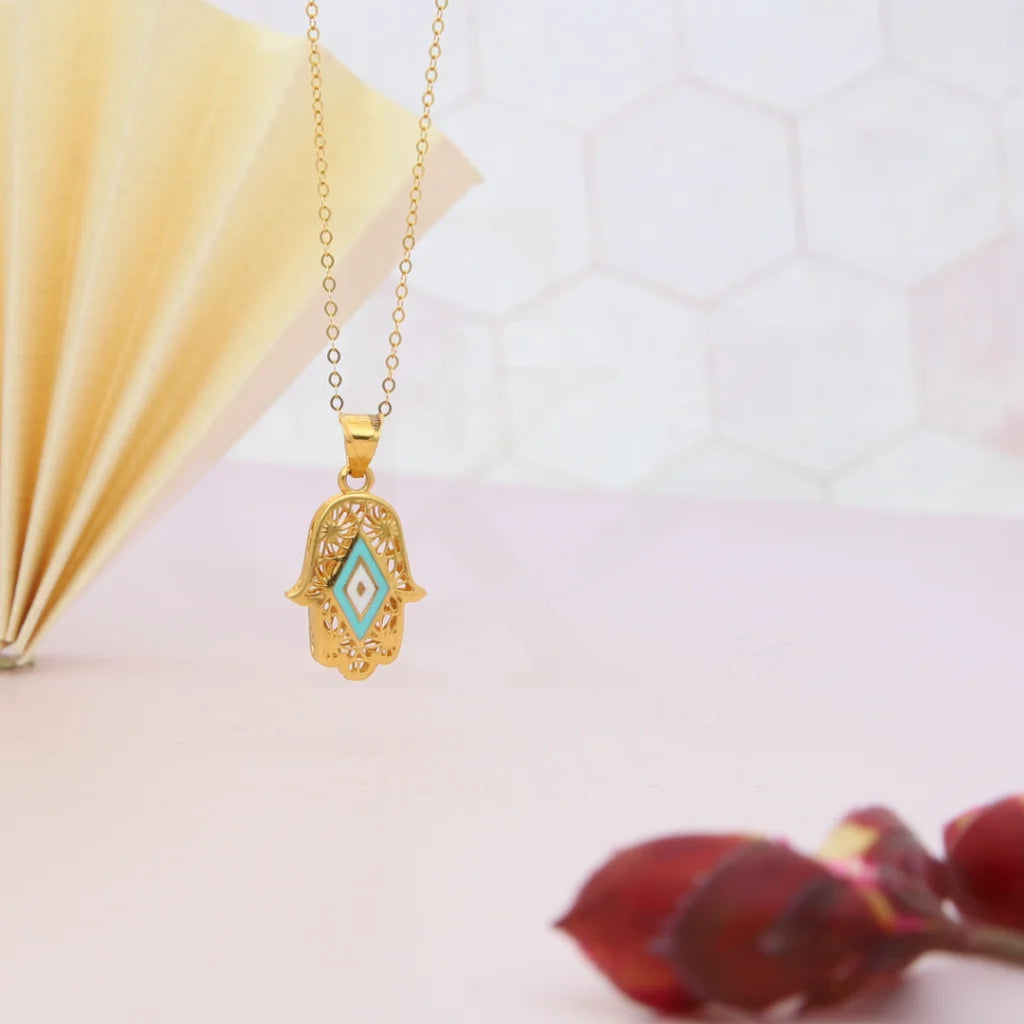 Ladies Necklaces for Office-Gold Necklace (Chain with Turquoise Hamsa Hand Pendant) 21KT - FKJNKL21KM8045