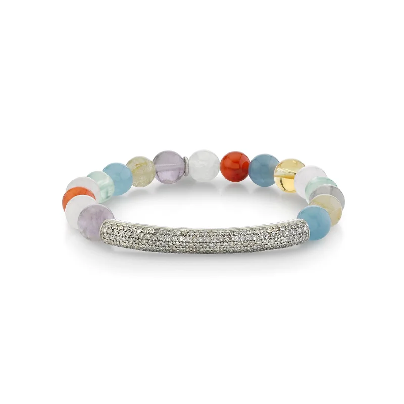 Ladies Bracelets with White Thaumasite-Chakra Stone Bracelet with Diamond Bar - 8mm B0002042