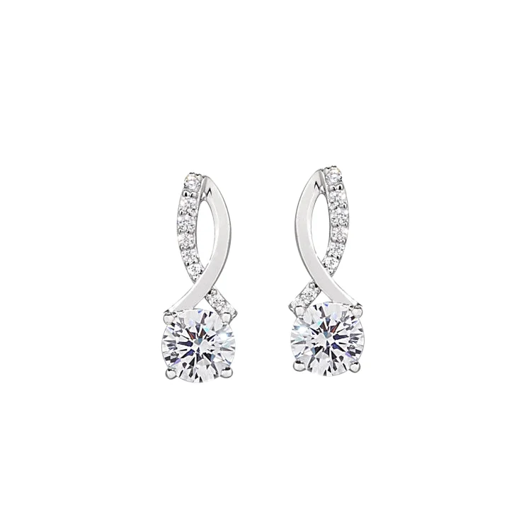 Everyday Earrings -Platinum Finish Sterling Silver Micropave Simulated Diamond Ribbon Earrings with  a Round Solitaire Simulated Diamond