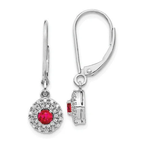 Elegant Earrings -14KT WHITE GOLD DIAMOND HALO RUBY LEVERBACK DANGLE EARRINGS