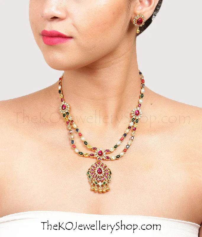 Ladies Necklaces with Carnelian-The Ksemya Silver Navratna Necklace