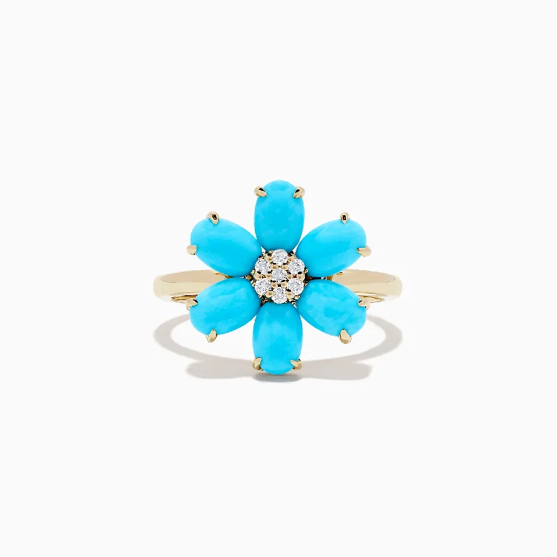 Fairy Rings -14K Yellow Gold Turquoise and Diamond Flower Ring, 2.26 TCW