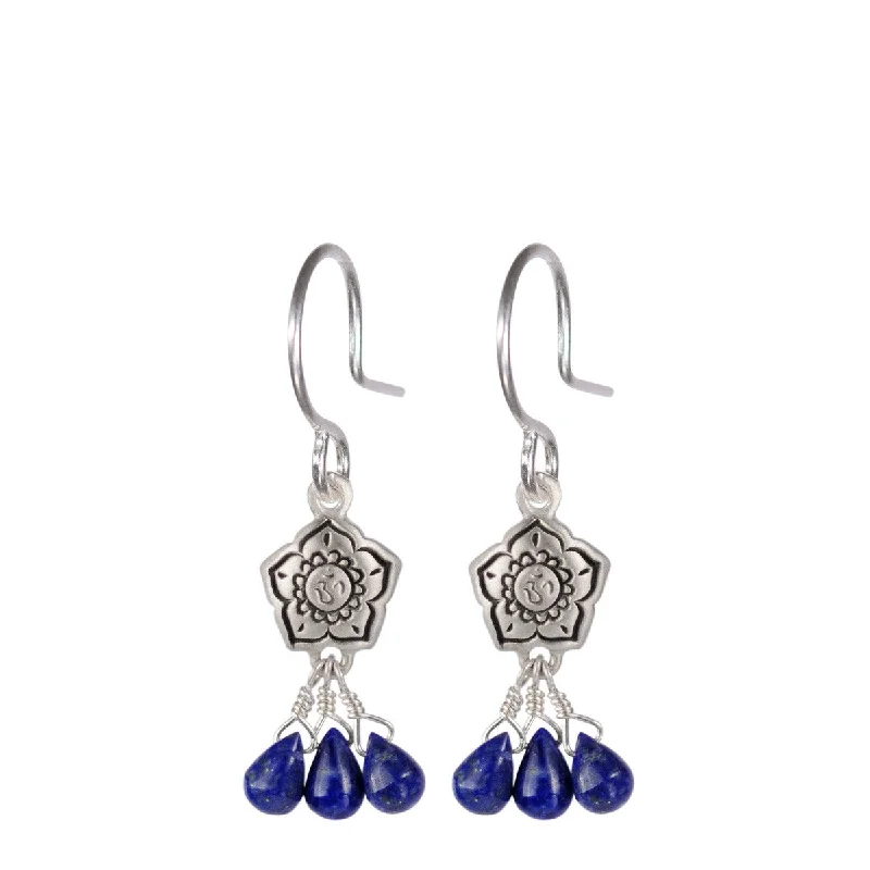 Boho Earrings -Sterling Silver Small Om Flower Earrings with Lapis