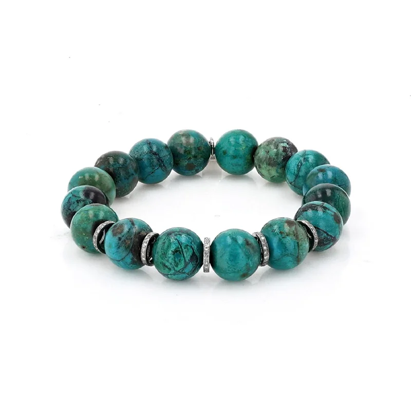 Ladies Bracelets Lock Band-Chrysocolla Green Bead Bracelet with 5 Diamond Rondelles - 12mm  B0000842