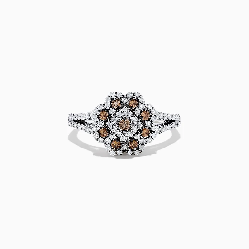 Feather Rings -14K White Gold Espresso and White Diamond Flower Ring, 0.70 TCW