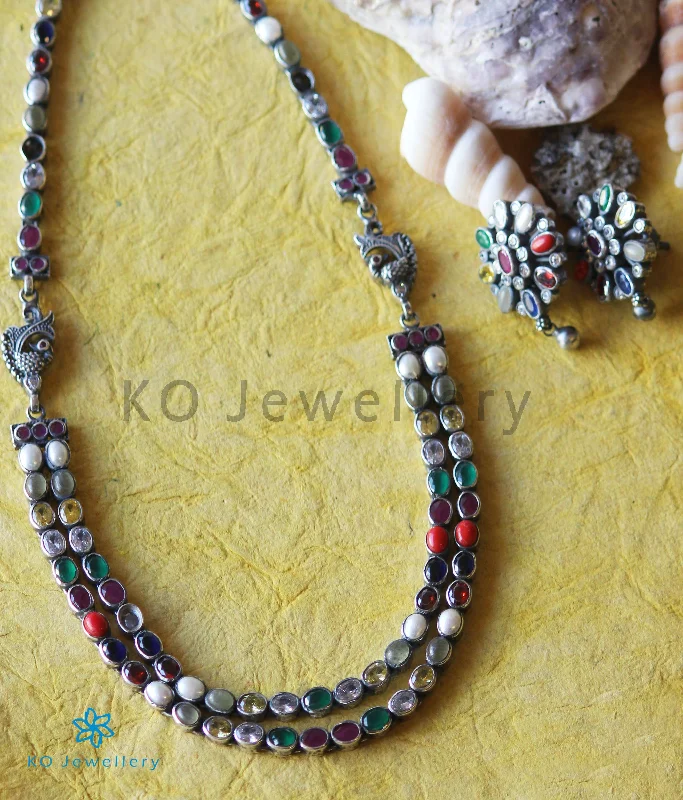 Ladies Necklaces Curved Design-The Darshita Silver Navaratna Peacock Necklace(2 Layers/Oxidised)