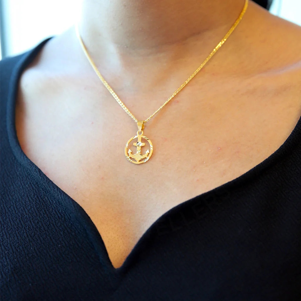 Ladies Necklaces Moon Charm-Gold Necklace (Chain With Anchor in Circle Pendant) 21KT - FKJNKL21KM8606