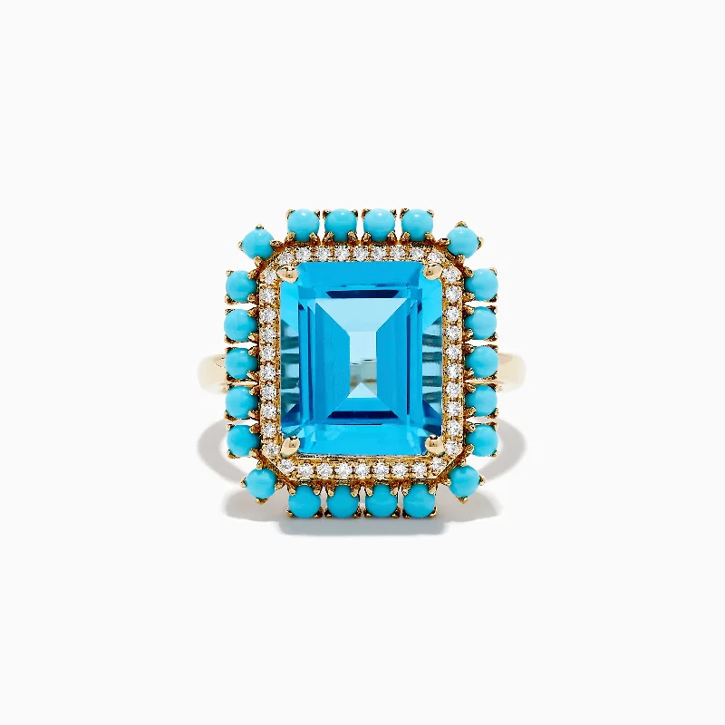 Classic Rings -14K Yellow Gold Blue Topaz, Turquoise and Diamond Ring