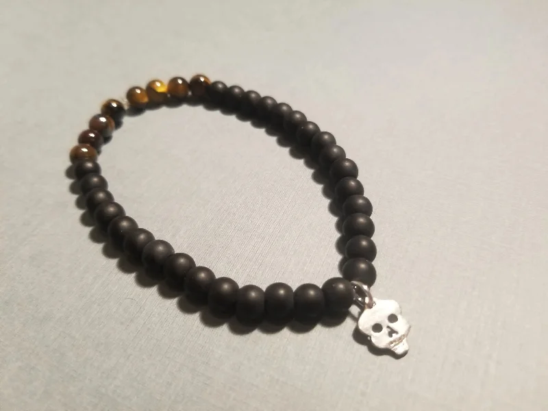 Ladies Bracelets for Celebrations-Skull Onyx Tigers Eye Bracelet