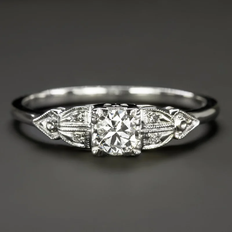 Floral Design Engagement Rings -VINTAGE DIAMOND ENGAGEMENT RING 0.35ct G VS2 ROUND CUT ESTATE 14k WHITE GOLD