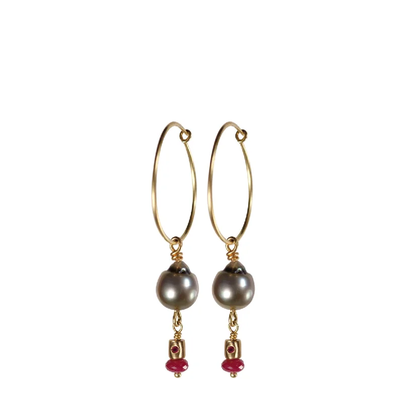 Teardrop Earrings -18K Gold Simple Hoop Earrings with Tahitian Pearls