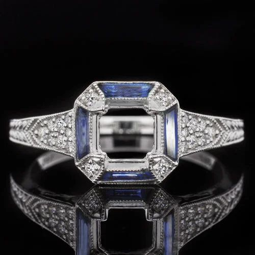 Celestial Design Engagement Rings -VINTAGE STYLE SAPPHIRE BAGUETTE DIAMOND ENGAGEMENT RING SETTING ASSCHER MOUNT