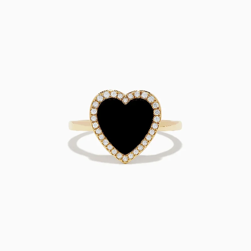 Matte Rings -14K Yellow Gold Onyx and Diamond Heart Ring