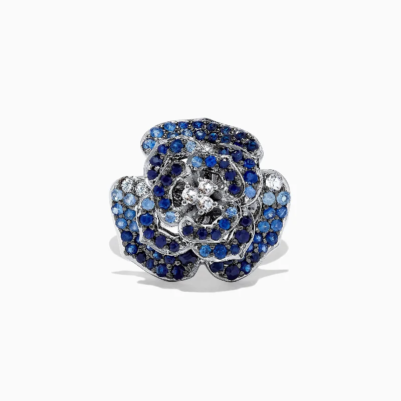 18K Gold Rings -925 Sterling Silver Blue & White Sapphire Splash Flower Ring, 1.70 TCW