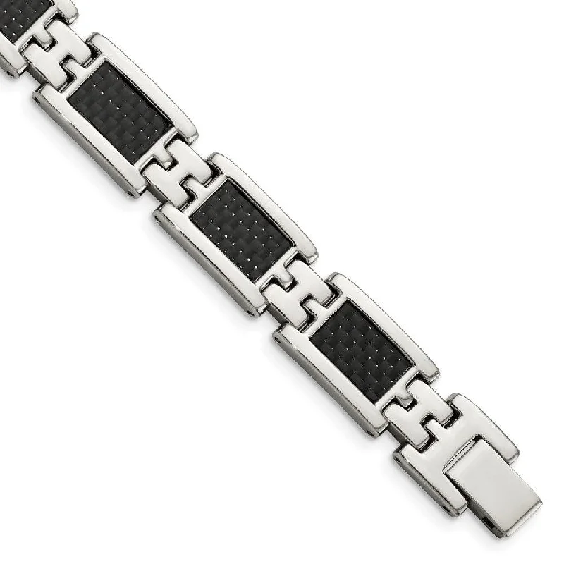 Ladies Bracelets for Family Ties-Stainless Steel Polished Black Carbon Fiber Inlay 9in Bracelet