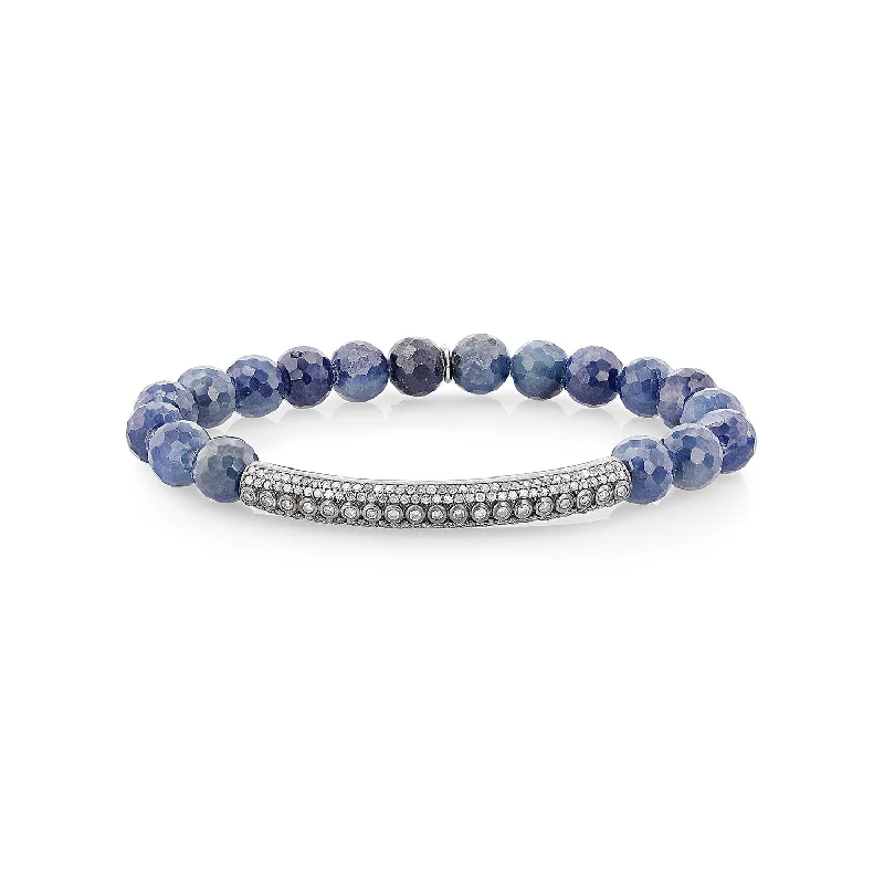 Ladies Bracelets Silver Finish-Sapphire Bead Bracelet with Diamond Bezel Tube  B0002768