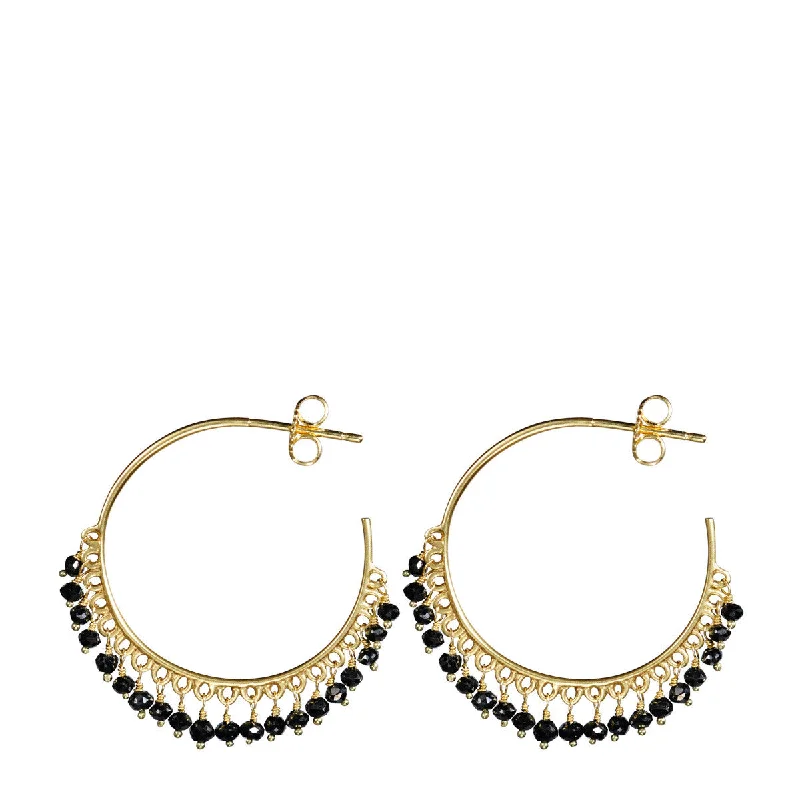 Yellow Earrings -18K Gold Medium Fine Black Diamond Beaded Hoop Earrings