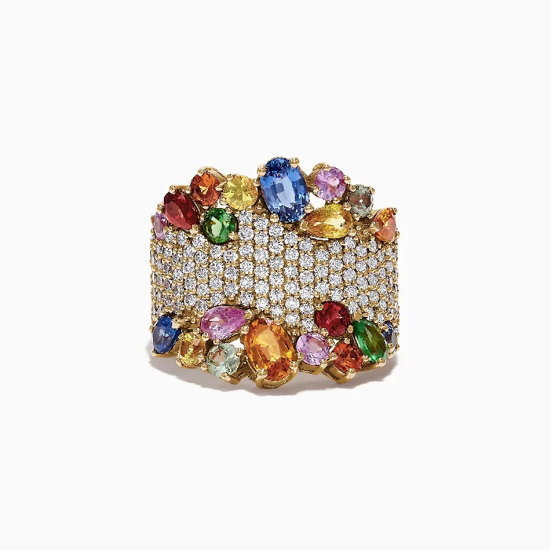 Edgy Rings -Watercolors 14K Yellow Gold Multi Sapphire and Diamond Ring, 5.59 TCW