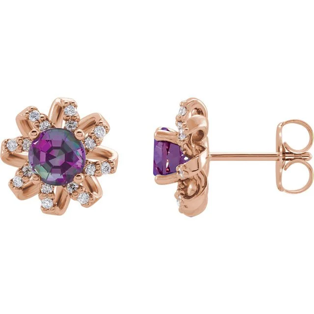 Flower Earrings -14KT GOLD 1.28 CTW LAB ALEXANDRITE & .12 CTW DIAMOND TWISTED HALO EARRINGS