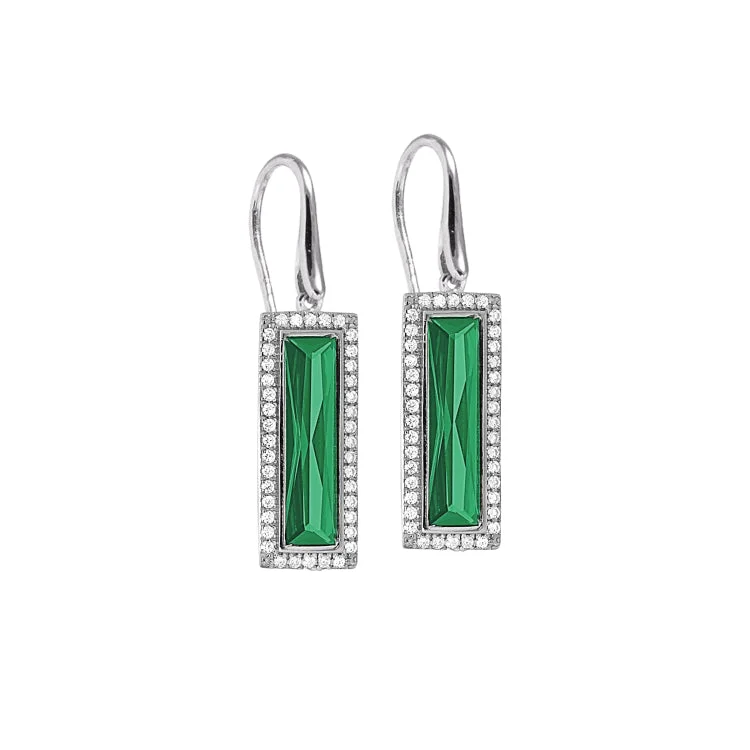 Mismatched Earrings -Rhodium Finish Sterling Silver Earrings with Rectangular Simulated Emerald Stones and Simulated Diamonds