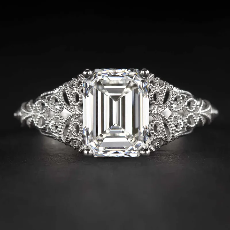 Romantic Style Engagement Rings -1.91ct GIA CERTIFIED H VVS1 EMERALD CUT DIAMOND ENGAGEMENT RING VINTAGE STYLE