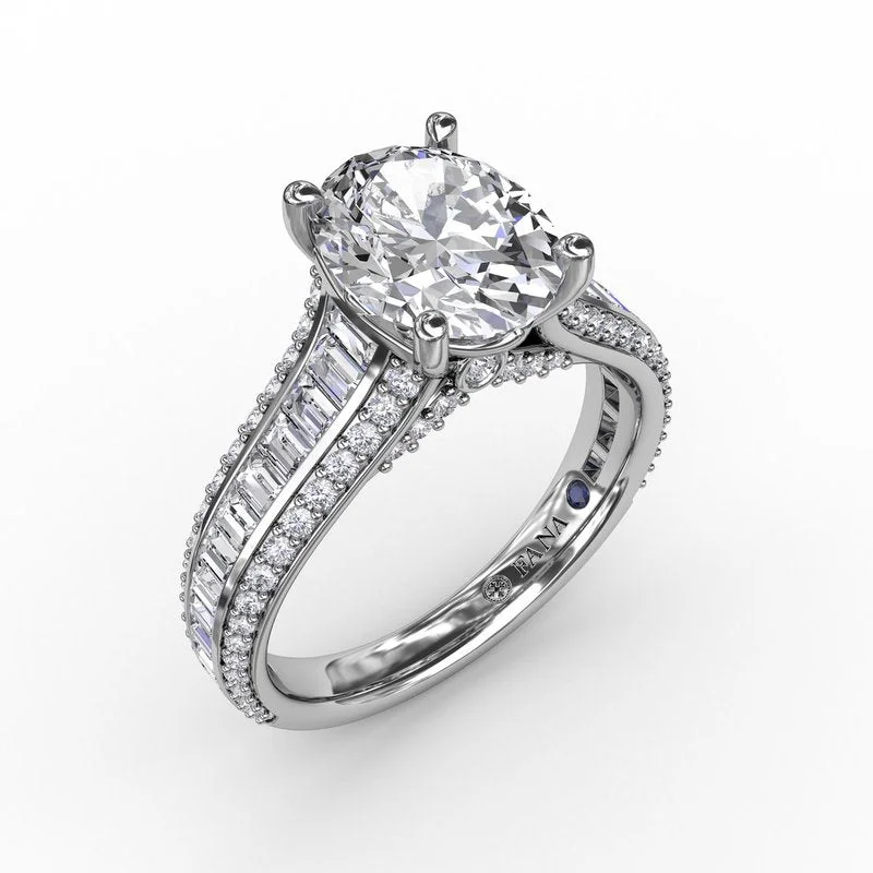 Bohemian Style Engagement Rings -Fana Oval Diamond Solitaire Engagement Ring With Baguettes and Pavé 3310