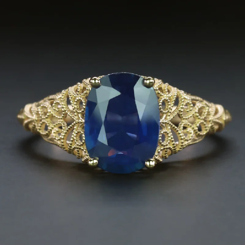 Positive Vibe Engagement Rings -VINTAGE STYLE 1.90ct SAPPHIRE SOLITAIRE RING 14k YELLOW GOLD FILIGREE ENGAGEMENT