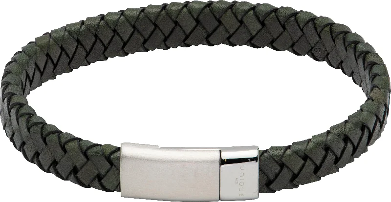 Ladies Bracelets Globe Band-Unique & Co Matte & Polished Stainless Steel Clasp Dark Green Leather Bracelet