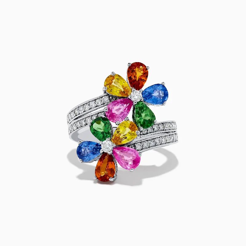 Engraved Rings -14K White Gold Multi Sapphire and Diamond Flower Ring