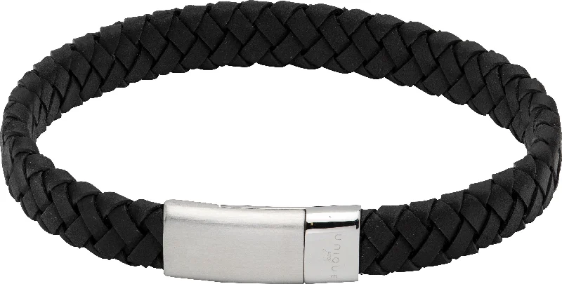 Ladies Bracelets Dual Layer-Unique & Co Matte & Polished Stainless Steel Clasp Black Leather Bracelet