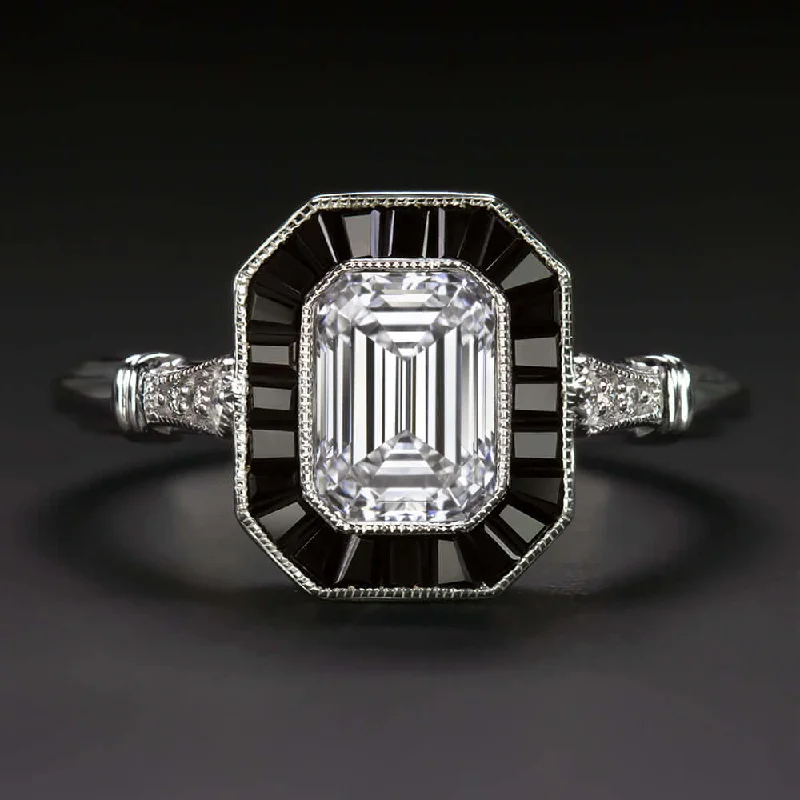 Gothic Style Engagement Rings -1ct GIA CERTIFIED D VS1 DIAMOND ENGAGEMENT RING VINTAGE STYLE ONYX EMERALD CUT