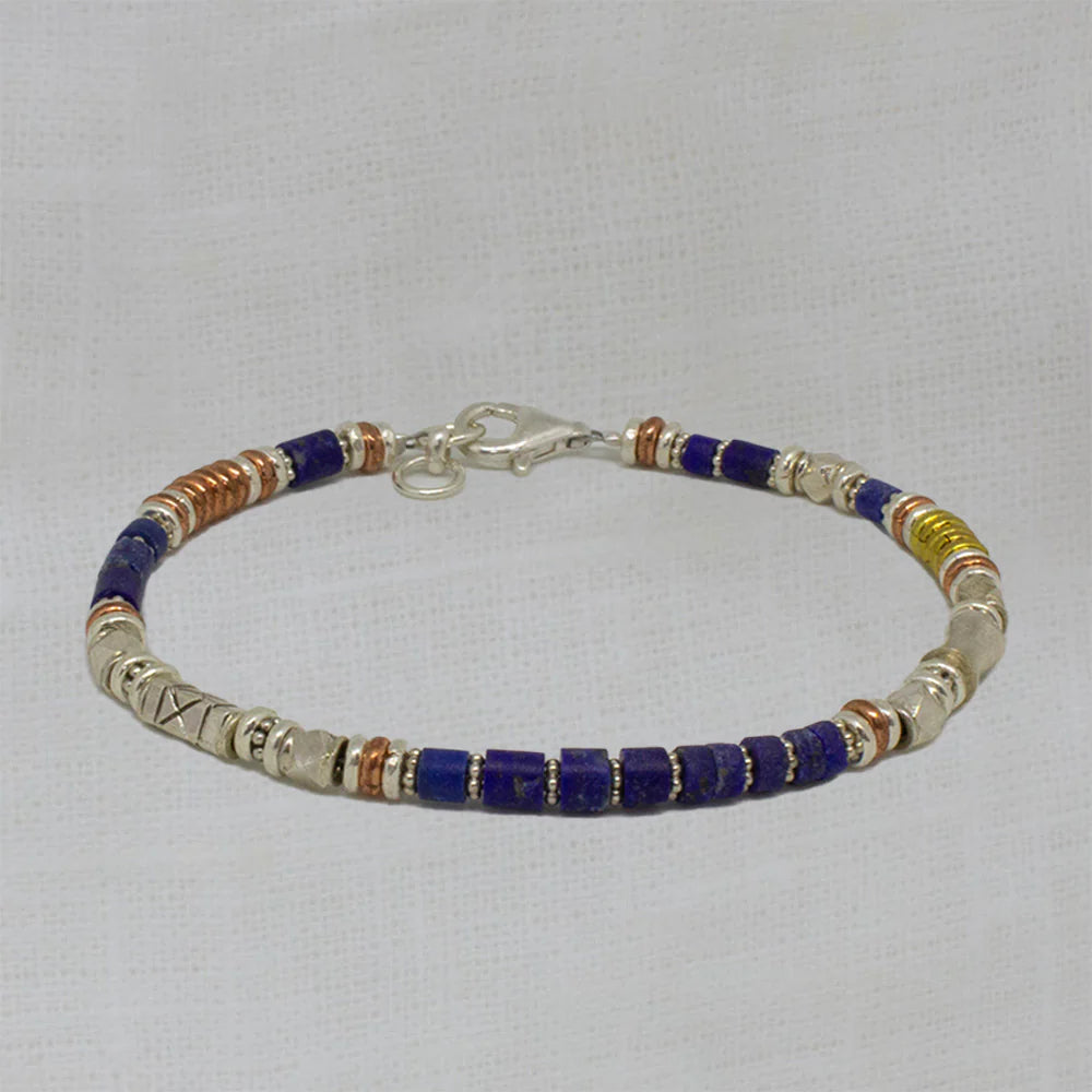 Ladies Bracelets Narrow Band-Silver Lapis Lazuli and Mixed Metals Bracelet