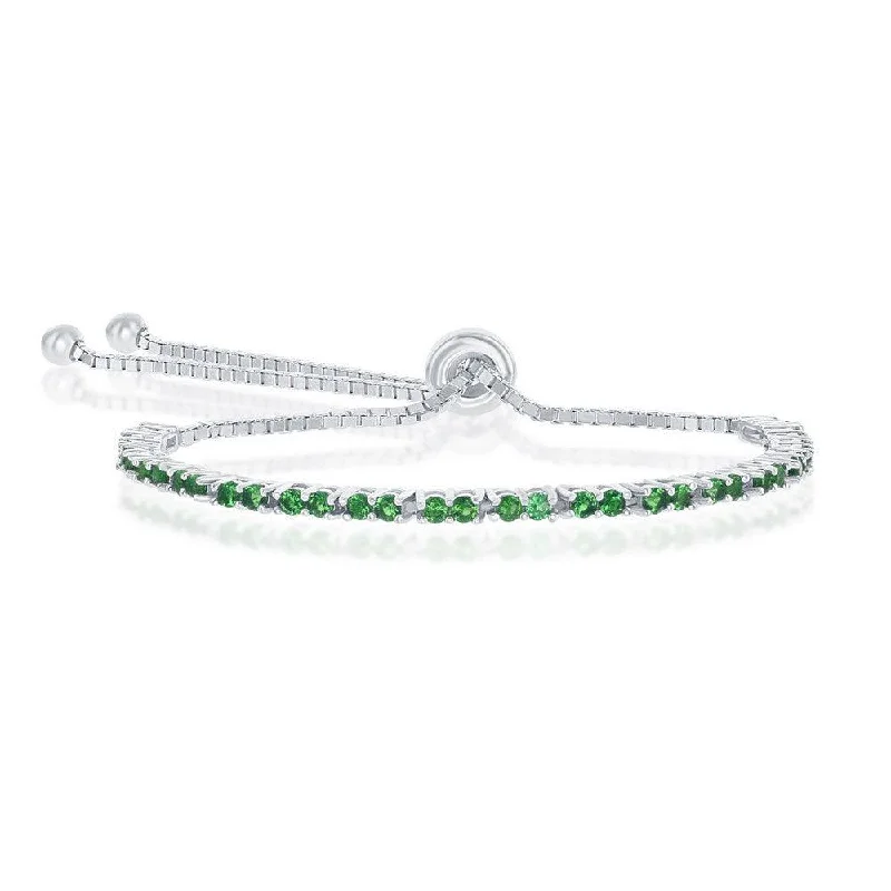 Ladies Bracelets with White Phenakite-Sterling Silver 2mm Green CZ 'May Birthstone' Adjustable Bracelet