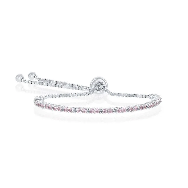 Ladies Bracelets with White Muscovite-Sterling Silver 2mm Pink CZ 'October Birthstone' Tennis Bracelet