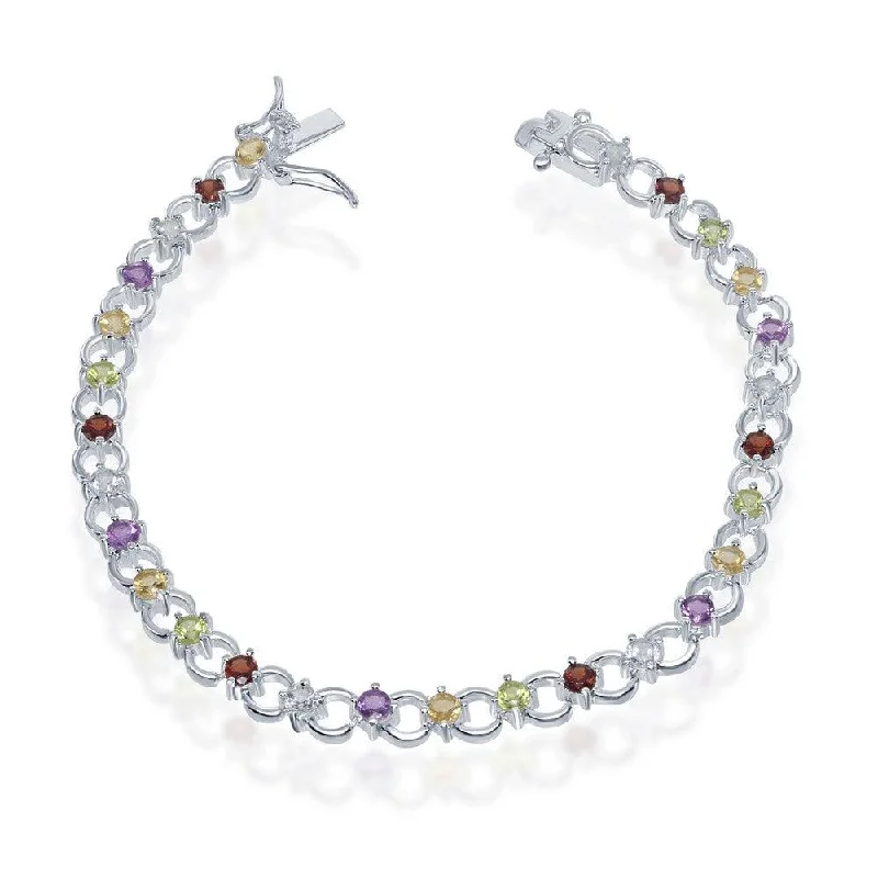 Ladies Bracelets Arrow Band-Sterling Silver Circle Linked Bracelet with Multicolor Gemstones