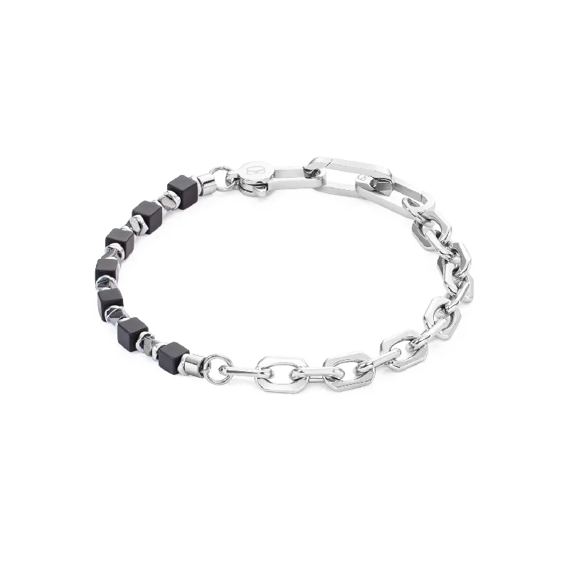 Ladies Bracelets for Romantic Dates-Coeur De Lion Cubes Fusion Link Chain Silver Black Bracelet