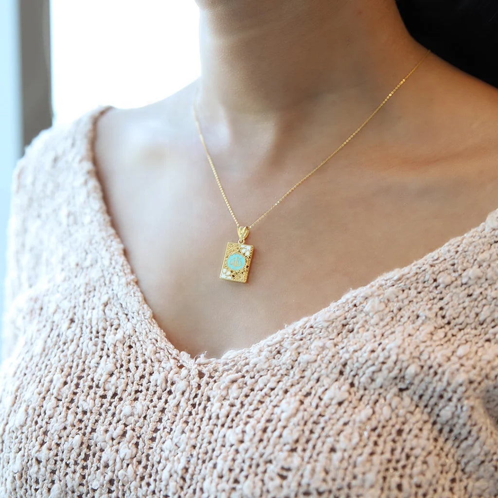 Ladies Necklaces for Friends-Gold Necklace (Chain With Allah Name Turquoise Blue Pendant) 21KT - FKJNKL21KM7943