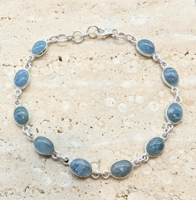 Ladies Bracelets for Educators-Sterling Silver Oval Aquamarine Bracelet