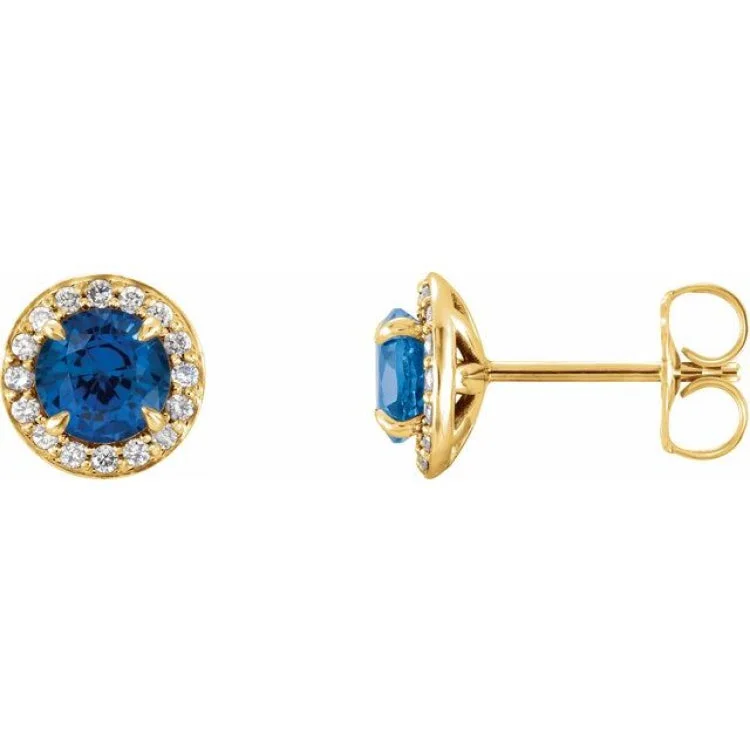 Evening Earrings -14K Yellow 4 mm Lab-Grown Blue Sapphire & 1/10 CTW Natural Diamond Earrings