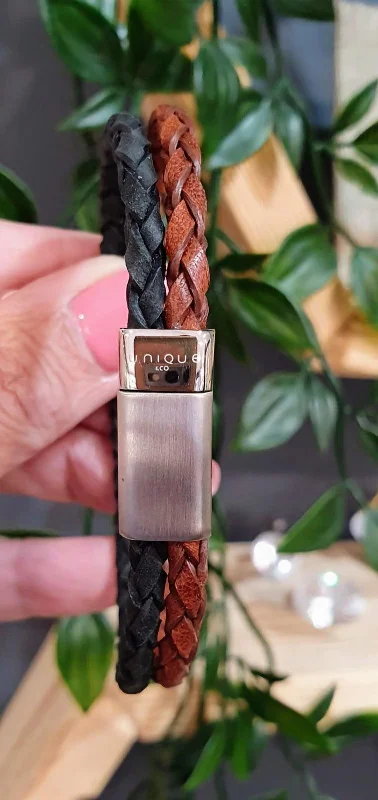 Ladies Bracelets for Business Owners-Unique & Co Two-Row Antique Brown and Black Leather Bracelet