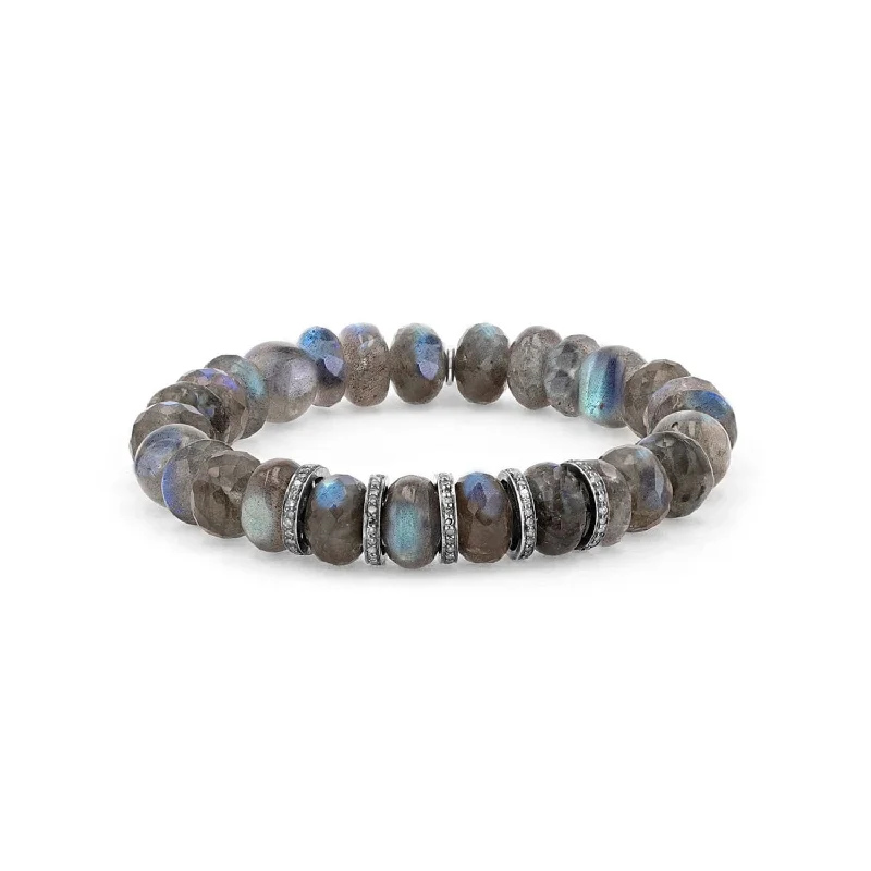 Ladies Bracelets with Pink Petalite-Labradorite Mixed Cut Bead Bracelet with Five Diamond Rondelles - 10mm B0001568