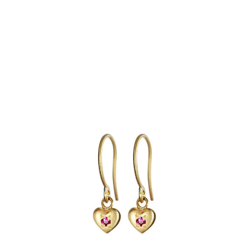 Matte Earrings -18K Gold Heart Drop Earrings with Rubies