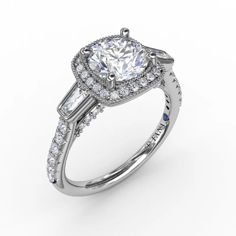 Glitter Accent Engagement Rings -Fana Three-Stone Diamond Halo Engagement Ring with Baguette Side Stones 3285