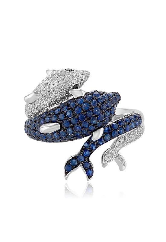 Happiness Rings -Seaside 14K White Gold Blue Sapphire & Diamond Dolphin Ring, 1.39 TCW