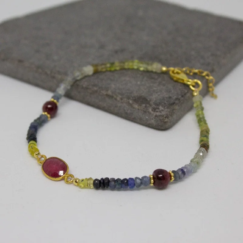 Ladies Bracelets with White Phenakite-Gold Sapphire and Ruby Bracelet