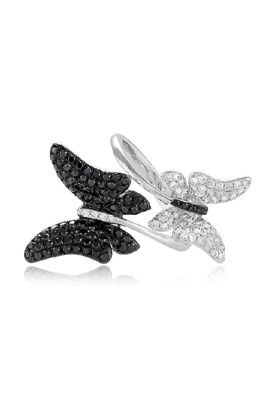 Subtle Rings -Nature 14K White Gold Black and White Diamond Butterfly Ring, 1.15 TCW