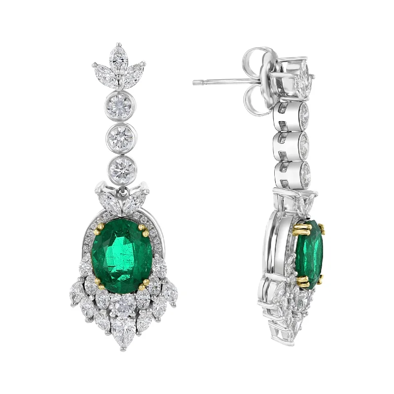 14K Gold Earrings -JULEVE 4.99 CTW EMERALD & 3.92 CTW DIAMOND HALO DROP EARRINGS